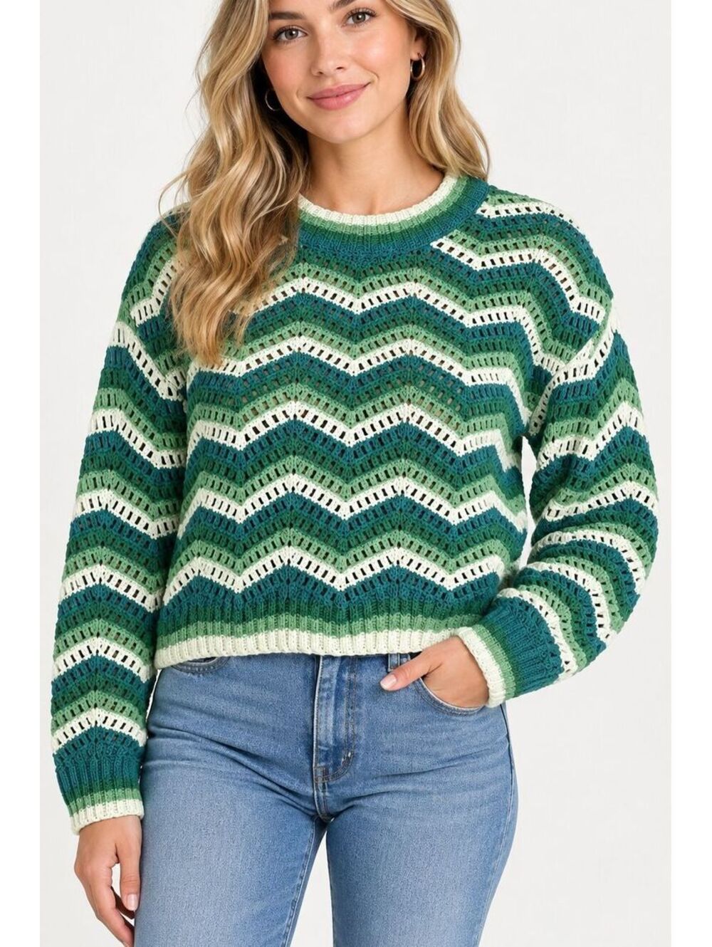 Hippie Rose Sweater Womens M Green Teal Chevron Zig Zag Knit Boho Retro 70s